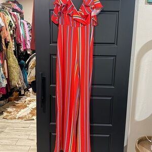 Striped Red Jumpsuit with Ruffle Detail